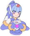  1girl alternate_breast_size android blue_eyes blush bracelet breasts capcom cropped_torso female hand_gesture heart-shaped_pupils heart_eyes heart_hands helmet inti_creates large_breasts leviathan_(rockman) looking_at_viewer rockman rockman_zero semikichi simple_background sketch smile solo symbol-shaped_pupils upper_body white_background 
