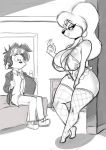  2018 anthro areola basque beckoning bed bra canine clothed clothing detailed_background disney duo eye_contact eyewear female footwear fully_clothed glasses goof_troop hair jacket joelasko lace legwear lingerie lisa_(goof_troop) long_hair male mammal monochrome motion_lines necktie pants seductive shirt shoes sitting sketch smile standing stockings underwear 