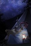  :d assam awestruck black_ribbon blanket blonde_hair blue_eyes blush brown_eyes camping commentary girls_und_panzer hair_pulled_back hair_ribbon hair_up highres lamp long_hair looking_up multiple_girls night night_sky open_mouth outdoors pointing pointing_up red_hair ribbon rosehip short_hair short_ponytail sitting sky smile star_(sky) stargazing starry_sky straddling tent toon_(noin) 