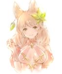  1girl animal_ears bangs blush breasts brown_gloves brown_hair cleavage commentary_request erune eyebrows_visible_through_hair gloves granblue_fantasy green_eyes hair_ornament highres la_coiffe_(granblue_fantasy) lala_(0915_yu) leaf_hair_ornament lips looking_at_viewer medium_breasts no_bra puffy_short_sleeves puffy_sleeves short_sleeves simple_background smile solo tagme upper_body white_background 