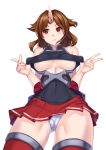  ass_visible_through_thighs azur_lane bangs bare_shoulders breasts brown_hair expressionless highres horn ken_ill looking_to_the_side miniskirt mogami_(azur_lane) panties pantyshot pantyshot_(standing) parted_bangs pleated_skirt red_eyes red_legwear short_hair simple_background skirt solo standing thighhighs thighs underboob underboob_cutout underwear white_background white_panties 