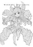  1girl alternate_costume arulumaya bangs bare_shoulders blush bracelet breasts breasts_apart bridal_gauntlets bridal_veil character_name collarbone commentary_request crescent crescent_hair_ornament dress elbow_gloves eyebrows_visible_through_hair full_body garter_straps gloves granblue_fantasy hair_ornament harvin headgear high_heels jewelry long_hair looking_at_viewer monochrome mushi024 necklace no_bra open_mouth pointy_ears simple_background small_breasts smile solo strapless strapless_dress tagme thighhighs veil wedding_dress white_background 