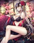 alternate_costume bare_legs bare_shoulders blush bra breasts cherry_blossoms commentary fan fate/grand_order fate_(series) flower folding_fan hair_flower hair_ornament headpiece japanese_clothes jeanne_d'arc_(alter)_(fate) jeanne_d'arc_(fate)_(all) kimono lantern large_breasts lingerie lipstick long_hair looking_at_viewer makeup mallizmora navel open_clothes open_kimono pipe silver_hair solo underwear very_long_hair yellow_eyes 