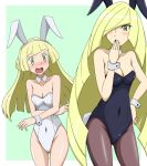  2girls alternate_costume animal_ears black_legwear black_leotard blonde_hair blush border braid breasts bunny_ears bunny_tail bunnysuit cameltoe cleavage collarbone covered_navel covering_mouth cowboy_shot detached_collar embarrassed fake_animal_ears female french_braid green_background green_eyes hair_over_one_eye hand_on_hip hand_up headband kuro_hopper leotard lillie_(pokemon) long_hair lusamine_(pokemon) medium_breasts mother_and_daughter multiple_girls nose_blush open_mouth pantyhose pokemon pokemon_(game) pokemon_sm shiny shiny_clothes shiny_hair shiny_skin simple_background small_breasts standing strapless strapless_leotard tail tied_hair white_border white_headband white_leotard wrist_cuffs 