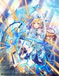  :o blonde_hair blue_sky building cardfight!!_vanguard cloud day full_body holographic_monitor long_hair nemusuke official_art outdoors shield sky skyscraper solo watermark 