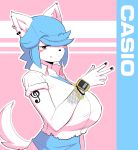  anthro blue_hair blush breasts canine clothed clothing dog ear_piercing fangs female hair hair_over_eye maggie_applebee mammal piercing pink_eyes shirt short_hair smile solo tattoo theycallhimcake watch 