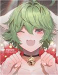  bell bell_collar choker clenched_hands collar collarbone green_hair one_eye_closed open_mouth original pink_eyes portrait red_eyes short_hair skunkyfly smile upper_body 