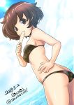  absurdres akiyama_yukari artist_name ass bangs bikini breasts brown_eyes brown_hair butt_crack camouflage camouflage_bikini cloud cloudy_sky commentary cowboy_shot dated day excel_(shena) eyebrows_visible_through_hair food food_in_mouth from_behind girls_und_panzer green_bikini hand_on_hip highres looking_at_viewer looking_back lowleg lowleg_bikini medium_breasts messy_hair outdoors popsicle short_hair signature skindentation sky solo sparkle standing sun sunlight swimsuit twitter_username 