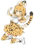  animal_ears araki_kanao blonde_hair bow bowtie commentary cross-laced_footwear elbow_gloves extra_ears eyebrows_visible_through_hair full_body gloves high-waist_skirt jumping kemono_friends open_mouth print_gloves print_neckwear print_skirt serval_(kemono_friends) serval_ears serval_print serval_tail shoes short_hair simple_background skirt sleeveless solo striped_tail tail w_arms white_background white_footwear yellow_eyes yellow_gloves yellow_legwear yellow_neckwear yellow_skirt 