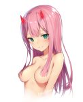  bangs bare_arms bare_chest bare_shoulders blue_eyes blush breasts collarbone covering covering_breasts darling_in_the_franxx demon demon_girl demon_horns green_eyes hair_censor hair_over_breasts horns long_hair looking_at_viewer no_bra pink_hair runastark smile upper_body zero_two_(darling_in_the_franxx) 