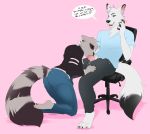  2018 aaron_(character) arctic_fox butt canine chair clothed clothed_sex clothing compass_(artist) dialogue erection fellatio female fox hand_on_head happy happy_sex jacket jeans male male/female mammal open_mouth oral oral_penetration pants penetration penis phone procyonid raccoon robin_(character) romantic_couple saliva sex shirt smile stealth t-shirt 