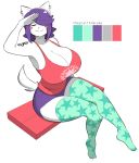  :3 anthro bench big_breasts breasts canine cleavage clothed clothing dog ear_piercing eyes_closed female hair hair_over_eye huge_breasts legwear maggie_applebee mammal piercing purple_hair shirt short_hair shorts signature sitting smile solo tank_top tattoo theycallhimcake thigh_highs 