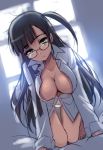  all_fours black-framed_eyewear black_hair breasts closed_mouth collared_shirt commentary glasses green_eyes grey_shirt indoors large_breasts long_hair looking_at_viewer on_bed one_side_up original panties romaji_commentary shirt sitting solo thigh_gap tonee underwear white_panties window 
