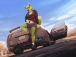  2018 bulge canine car clothed clothing detailed_background digital_media_(artwork) footwear fox jacket k_98 leaning legwear male mammal nissan partially_clothed road shirt shoes socks vehicle watermark 
