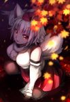  animal_ears autumn_leaves bare_shoulders black_skirt breasts detached_sleeves hat highres hukin_ame inubashiri_momiji large_breasts leaf looking_up medium_skirt multicolored multicolored_clothes multicolored_skirt open_mouth pom_pom_(clothes) red_eyes red_skirt ribbon-trimmed_sleeves ribbon_trim shirt short_hair silver_hair skirt solo tail tokin_hat touhou turtleneck water white_shirt wide_sleeves wolf_ears wolf_tail 