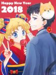  2018 androgynous bishoujo_senshi_sailor_moon black_hair blonde_hair blue_eyes bow camellia candy_apple dog_mask double_bun earrings flower flower_earrings food from_side grin hair_bow hair_flower hair_ornament happy_new_year highres hoshikuzu_(milkyway792) japanese_clothes jewelry kimono long_hair looking_at_viewer low_ponytail mask mask_on_head nail_polish new_year obi ofuda ponytail red_background red_nails sash seiya_kou sideways_glance signature simple_background smile striped striped_bow stud_earrings tsukino_usagi twintails v 