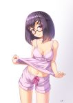  absurdres black_hair breasts brown_eyes camisole camisole_lift cleavage commentary_request glasses hair_ornament hairclip highres kemo_(pokka) lifted_by_self navel original pink_camisole pink_shorts short_hair shorts sleepwear smile solo 
