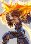  1boy armor bodysuit brown_hair fire fire_sword gloves looking_at_viewer male_focus rex_(xenoblade_2) short_hair simple_background sword xenoblade_(series) xenoblade_2 yellow_eyes 