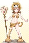  &gt;:) bangs bikini_top blush breasts brown_bikini_top brown_hair collarbone commentary_request full_body halftone halftone_background highres holding holding_staff jewelry kunikida_hanamaru lion_hood lion_tail loincloth looking_at_viewer love_live! love_live!_school_idol_festival love_live!_sunshine!! medium_breasts midriff navel necklace paw_boots paw_print paw_stick single_thighhigh solo staff standing tail thighhighs yellow_eyes yopparai_oni 