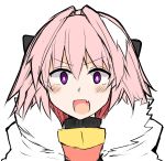  armor astolfo_(fate) black_bow black_ribbon blush bow cape commentary_request fang fate/apocrypha fate_(series) fur_trim hair_intakes hair_ribbon highres male_focus multicolored_hair open_mouth otoko_no_ko pink_hair purple_eyes ribbon simple_background smile solo streaked_hair takasaki_aneki white_background white_hair 