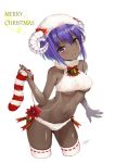  1girl bangs bare_shoulders blush breasts dark_skin fate/grand_order fate/prototype fate/prototype:_fragments_of_blue_and_silver fate_(series) hair_between_eyes hassan_of_serenity_(fate) hijiri_ruka hips horns looking_at_viewer merry_christmas navel open_mouth purple_eyes purple_hair sheep_horns simple_background smile solo thighhighs thighs white_background 
