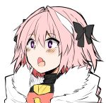  armor astolfo_(fate) black_bow black_ribbon blush bow braid cape commentary_request fang fate/apocrypha fate_(series) fur_trim gasp hair_intakes hair_ribbon highres male_focus multicolored_hair open_mouth otoko_no_ko pink_hair purple_eyes ribbon simple_background single_braid solo streaked_hair takasaki_aneki white_background white_hair 