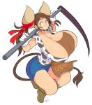  animal_humanoid apron big_breasts bovine breasts brown_hair cleavage clothed clothing cow_humanoid denim_shorts female footwear grin hair hoe holding_object horn huge_breasts humanoid jewelry mammal necklace ribbons shirt shoes shorts signature smile sukimi_(hataraki) tail_tuft teeth theycallhimcake tuft yellow_eyes 