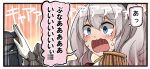  1koma beret black_hat blue_eyes blush comic epaulettes eyebrows_visible_through_hair gloves hair_between_eyes hat ido_(teketeke) kantai_collection kashima_(kantai_collection) long_sleeves open_mouth short_hair silver_hair solo speech_bubble tears translated two_side_up white_gloves 