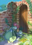  brick_wall day flower garden gen_5_pokemon grass highres holding ivy lilligant no_humans outdoors petilil pippi_(pixiv_1922055) pokemon red_eyes ruins sky watering watering_can |_| 
