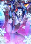  1girl armpits arms_up blue_eyes blue_skin dia_iceburn flat_chest forehead_mark holding_own_foot ice leg_lift leg_up leotard open_mouth rockman ryuusei_no_rockman smile snowflakes solo standing_on_one_leg 