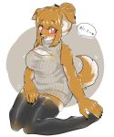  1girl artist_request brown_hair dog furry open_mouth red_eyes short_hair solo stocking sweater 