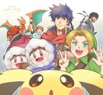  6+boys bandana beard black_eyes blonde_hair blue_eyes blue_hair brown_hair charizard closed_mouth commentary eyebrows_visible_through_hair facial_hair fire_emblem fire_emblem:_souen_no_kiseki ganondorf gen_1_pokemon gen_2_pokemon green_eyes green_tunic ice_climber ice_climbers ike ivysaur jandara_rin link looking_at_viewer metal_gear_(series) metal_gear_solid multiple_boys nana_(ice_climber) open_mouth pichu pokemon pokemon_(creature) pokemon_trainer popo_(ice_climber) red_(pokemon) red_(pokemon_frlg) red_eyes red_hair sideburns smile solid_snake squirtle star_fox super_smash_bros. super_smash_bros._ultimate the_legend_of_zelda the_legend_of_zelda:_ocarina_of_time thumbs_up tunic v_v wolf_o'donnell young_link 