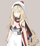  bare_shoulders beret blonde_hair blue_eyes breasts cowboy_shot dress grey_background hair_between_eyes hat kantai_collection long_hair looking_to_the_side mikoto_(oi_plus) mole mole_under_eye mole_under_mouth multicolored multicolored_clothes multicolored_dress multicolored_scarf pom_pom_(clothes) richelieu_(kantai_collection) scarf simple_background solo strapless strapless_dress very_long_hair 