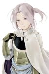  arslan arslan_senki bangs blue_eyes breastplate cape commentary floating_hair highres looking_at_viewer parted_bangs ponytail simple_background standing wa_(genryusui) white_background white_cape 