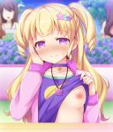  blonde_hair blush breasts choker closed_mouth eyebrows_visible_through_hair hair_ornament heart highres idol_time_pripara jewelry lifted_by_self long_hair long_sleeves looking_at_viewer medium_breasts nipples one_breast_out oppai_challenge pendant pretty_(series) pripara purple_choker purple_eyes small_breasts smile solo_focus speech_bubble star star-shaped_pupils star_hair_ornament symbol-shaped_pupils tiger_rmn two_side_up upper_body yumekawa_yui 