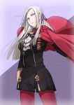  angry blonde_hair blue_eyes cape cravat edelgard_von_hresvelgr_(fire_emblem) fire_emblem fire_emblem:_fuukasetsugetsu gloves hair_ornament highres long_hair looking_at_viewer pantyhose simple_background solo tusia uniform 