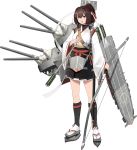  bodysuit bow_(weapon) brown_eyes brown_hair cannon flight_deck full_body hair_ribbon ise_(kantai_collection) japanese_clothes kantai_collection katana kneehighs machinery nontraditional_miko official_art ponytail remodel_(kantai_collection) ribbon rigging sandals sash shibafu_(glock23) short_hair skin_tight sword transparent_background turret weapon 
