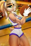  2018 absurd_res anthro ball basketball basketball_(ball) basketball_court blonde_hair buckteeth clothed clothing crop_top digital_media_(artwork) female gloves hair hi_res holding_ball lagomorph lola_bunny looking_at_viewer looney_tunes mammal midriff navel nightmarebearpuff ponytail rabbit shirt shorts signature solo space_jam sport teeth thick_thighs warner_brothers 