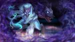  ambiguous_gender anthro blue_eyes bow_(weapon) caprine crouching detailed_background fangs feral fur glowing glowing_eyes grey_fur holding_object holding_weapon hooves invalid_tag kastraz kindred_(lol) lamb_(lol) league_of_legends looking_at_viewer magic mammal mask nude purple_theme ranged_weapon riot_games sheep snarling solo video_games weapon white_fur wolf_(lol) 