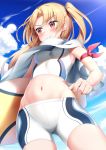  absurdres arm_ribbon ass_visible_through_thighs azur_lane bike_shorts blonde_hair blue_sky blush cleveland_(azur_lane) cloud day from_below highres holding_surfboard long_hair midriff navel nedia_(nedia_region) red_eyes red_ribbon ribbon shorts sky sleeveless smile solo standing surfboard tank_top white_shorts white_tank_top 