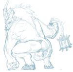  anthro barathrum_the_spirit_breaker bovine butt cattle clothed clothing crouching custapple dota holding_object holding_weapon hooves male mammal melee_weapon muscular muscular_male sketch solo thong topless video_games weapon 