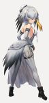  2018 animal_humanoid armwear avian avian_humanoid boots breasts butt clothing elbow_gloves feathers female fingerless_gloves footwear gloves grey_feathers grey_hair guchico hair hair_ornament hi_res humanoid kemono_friends knife looking_at_viewer looking_back shoebill_(kemono_friends) simple_background solo standing tail_feathers white_background yellow_eyes 