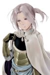  arslan arslan_senki bangs blue_eyes breastplate cape commentary_request floating_hair looking_at_viewer parted_bangs ponytail simple_background standing wa_(genryusui) white_background white_cape 