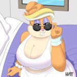  2018 4_fingers absurd_res anthro bed bed_sheet bedding big_breasts bracelet breasts buckteeth cleavage clothed clothing detailed_background dress eyeshadow eyewear female fully_clothed fur half-closed_eyes hi_res jewelry lagomorph looking_at_viewer makeup mammal mature_female orange_fur patricia_bunny pillow pink_nose rabbit sitting solo sunglasses teeth the_looney_tunes_show warner_brothers window wit 