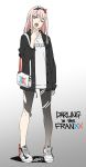  ;o alternate_costume aqua_eyes arm_at_side bag bangs black_coat black_hairband blunt_bangs casual coat collared_shirt commentary cross-laced_footwear darling_in_the_franxx fangs fashion flat_color full_body gradient gradient_background gradient_legwear hairband half-closed_eyes hand_up head_tilt highres horns legs_apart long_hair long_sleeves looking_at_viewer multicolored_horns nike one_eye_closed oni_horns open_clothes open_coat open_mouth pantyhose pink_hair shirt shoes shoulder_bag signature simple_background sneakers solo standing straight_hair tarou2 torn_clothes torn_legwear unbuttoned white_bag yawning zero_two_(darling_in_the_franxx) 