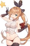  1girl ;d arm_up ass_visible_through_thighs bangs black_gloves black_legwear black_ribbon blush book breasts brown_gloves brown_hair brown_legwear brown_ribbon brown_sweater clarisse_(granblue_fantasy) commentary_request elbow_gloves eyebrows_visible_through_hair gloves granblue_fantasy green_eyes groin hair_between_eyes hair_ribbon highres hip_bones holding holding_book large_breasts long_hair looking_at_viewer navel no_pants one_eye_closed open_mouth panties ponytail red_panties ribbed_sweater ribbon rikoma side_ponytail sideboob simple_background skindentation sleeveless sleeveless_sweater sleeveless_turtleneck smile solo star stomach sweater swept_bangs thighhighs turtleneck turtleneck_sweater underwear very_long_hair white_background white_sweater 