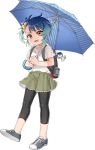  :d akasaka_yuzu alternate_costume blue_hair brown_eyes fangs fukae_(kantai_collection) full_body green_skirt holding holding_umbrella kantai_collection leggings official_art open_mouth shirt shoes short_hair short_sleeves skirt smile sneakers solo teruterubouzu transparent_background umbrella v-shaped_eyebrows white_shirt 