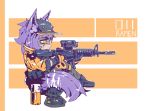  animal_ears artist_name assault_rifle boots commentary english_commentary finger_on_trigger from_side gloves gun hat holding holding_gun holding_weapon jacket m4_carbine monster_girl original pants purple_hair ramenwarwok rifle scar scar_across_eye scope sitting tactical_clothes tail weapon wolf_ears wolf_tail yellow_eyes 