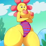  2019 breasts camel_toe clothing cloud crossed_arms flora_fauna flower hi_res humanoid lonbluewolf nipples not_furry open_mouth parappa_the_rapper plant pussy solo sunny_funny swimsuit video_games wide_hips 