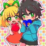  1boy 1girl black_hair blonde_hair blunt_bangs blush child dress eyebrows_visible_through_hair fringe hair_between_eyes hair_ornament hair_ribbon heart high_ponytail holding holding_heart open_mouth ponytail rairai00 ribbon rockman rockman_(character) rockman_(classic) roll shorts sidelocks smile 